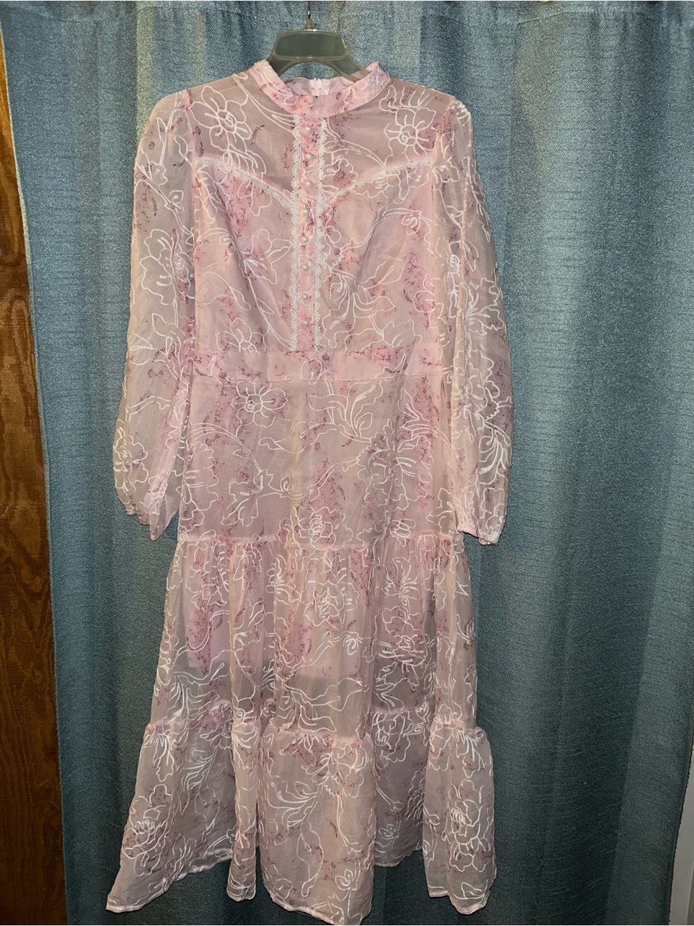 Sheer Pink Floral Lace Tiered Midi Dress - Brand Unspecified